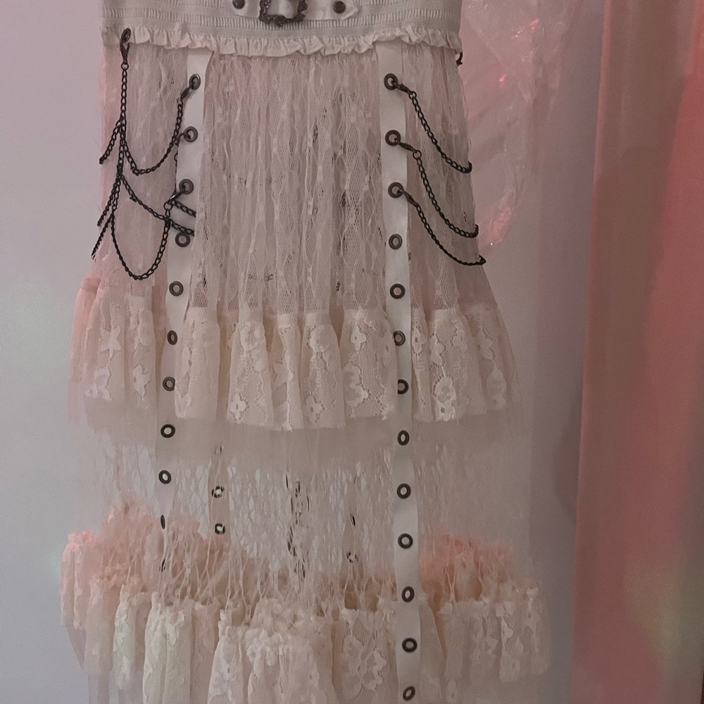 White Lace Layered Skirt with Chain Details Punk Rave goth